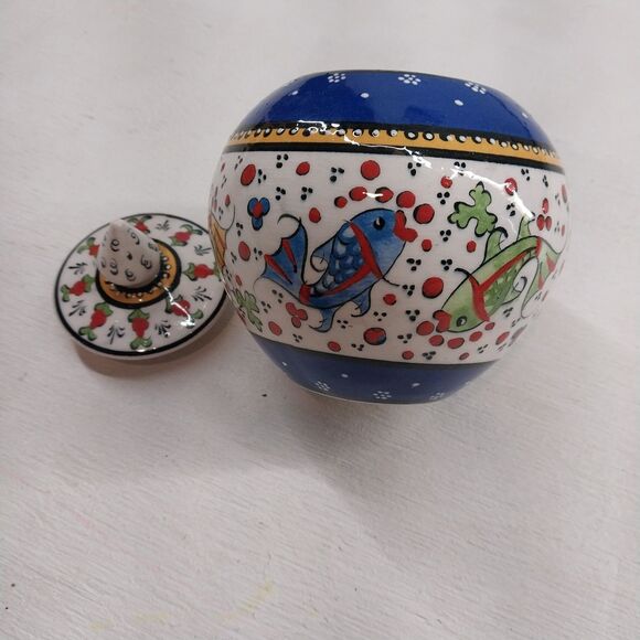 Polish Pottery Hand Painted Decorative Bowl Container With Lid Colorful Fish - Picture 3 of 6